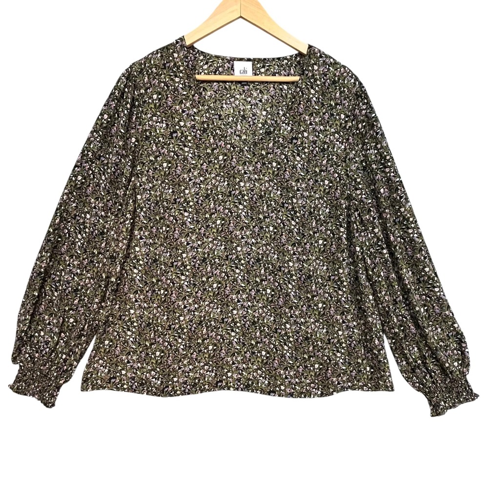 Cabi Floral V-Neck Blouse Olive Green Lavender Smocked Cuff Balloon Sleeve Large